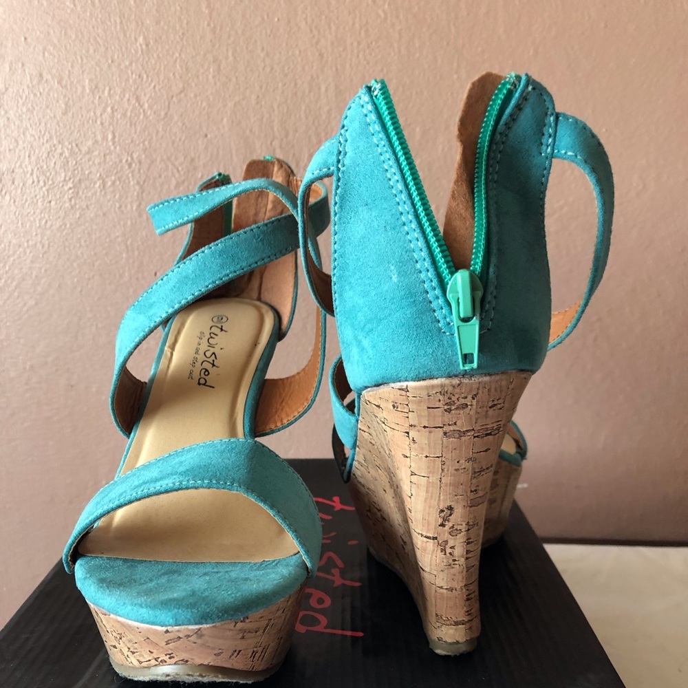 Twisted brand suede wedge open toe shoes.